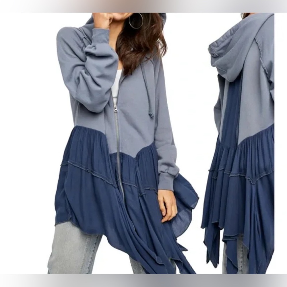 Free People Moon Dust Cardi Hooded Handkerchief Hem Sweatshirt Full Zip - Med